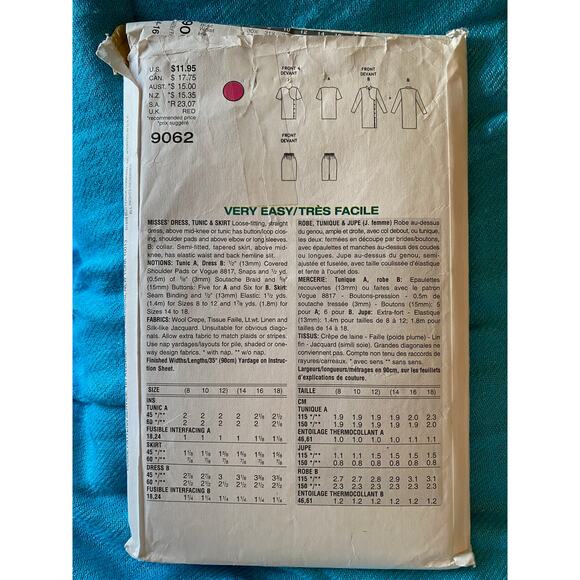 Vogue sewing pattern 9062 tunic dress skirt Size 14 16 18 - Picture 3 of 6